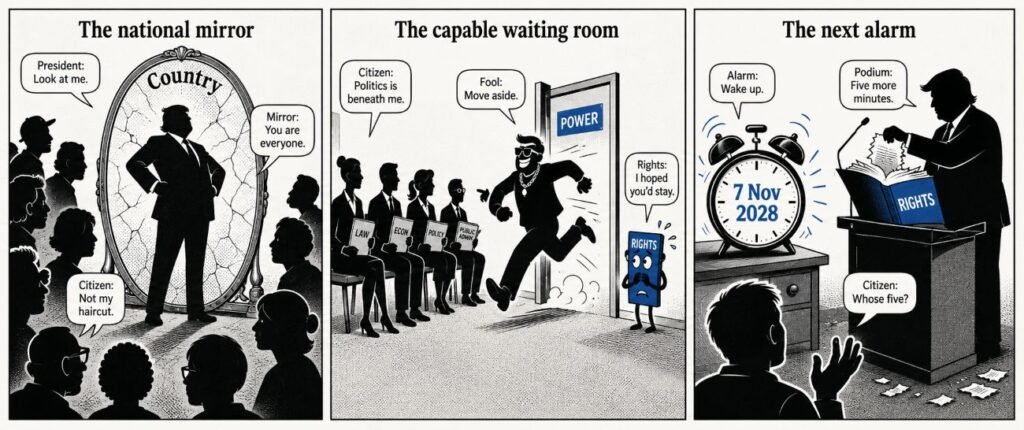 A 3-panel comic shows a president filling a national mirror, capable citizens avoiding politics and an election alarm beside a book of rights.