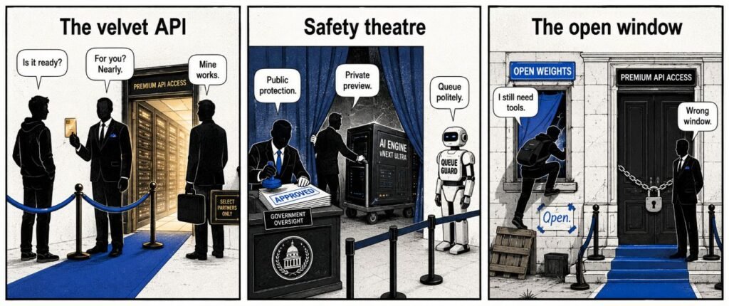 A 3-panel comic shows people waiting outside an AI server room, an official stamping access papers, and a developer entering through an open side window.