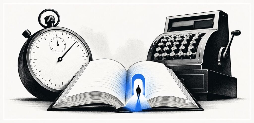 An open book sits beneath a large stopwatch beside a cash register. A human silhouette walks through a doorway rising from the pages.