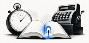 An open book sits beneath a large stopwatch beside a cash register. A human silhouette walks through a doorway rising from the pages.