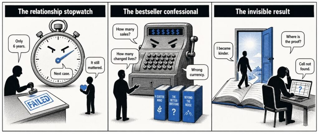 A three-panel comic shows a heart judged by a stopwatch, an author judged by a cash register and a reader changed by a book.