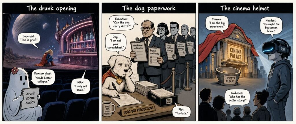 A 3-panel comic shows a superhero drunk scene, a dog handling plot paperwork, and a cinema competing with an XR headset.