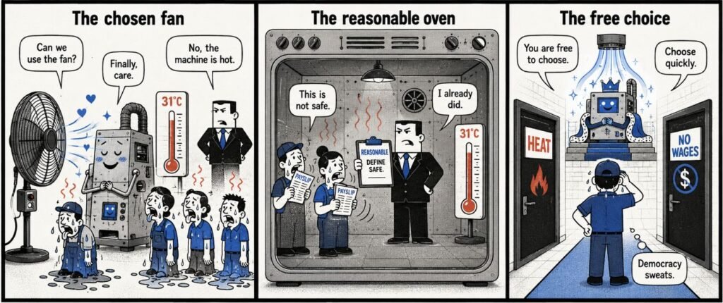 A 3-panel comic shows a fan cooling a machine, workers standing in a hot indoor workplace, and a worker choosing between heat and lost wages.