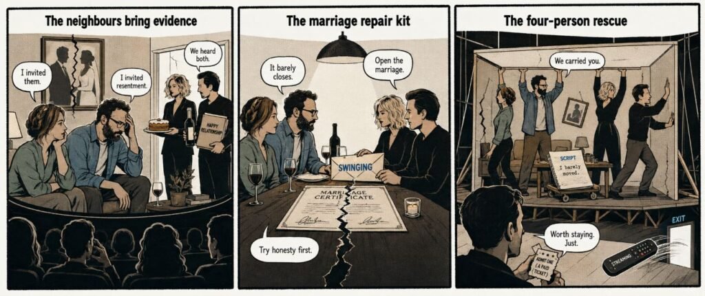 A three-panel comic shows a cinema viewer staying seated, two couples at a dinner table, and four spotlights holding up a wobbling table.