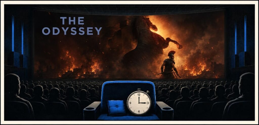 A crowded cinema faces a large screen showing a ship crossing a rough sea. One empty front-row seat sits beside a clock indicating a long runtime.
