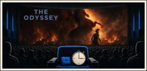 A crowded cinema faces a large screen showing a ship crossing a rough sea. One empty front-row seat sits beside a clock indicating a long runtime.