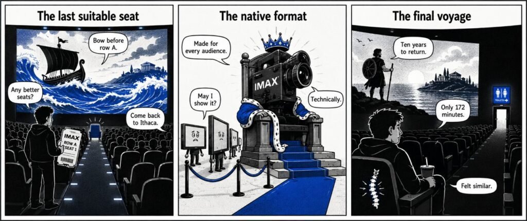 A 3-panel comic shows a customer finding a poor seat, smaller screens waiting behind an IMAX camera, and a viewer enduring the film's long runtime.