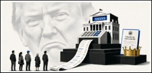 A White House-shaped cash register stands on a platform while small figures queue below with receipts. A crown and a financial disclosure form sit beside the register.