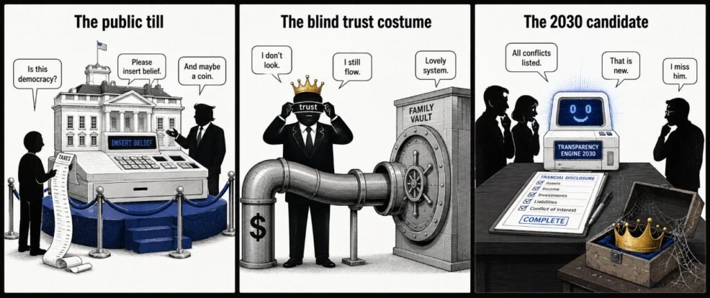 A 3-panel comic shows a White House-shaped cash register, a money pipe feeding a family vault, and a machine at a presidential desk with a clean financial form.