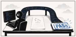 An AI silhouette sits at a desk with an unanswered test paper and a computer terminal. A path of code runs around the paper towards a pass stamp.