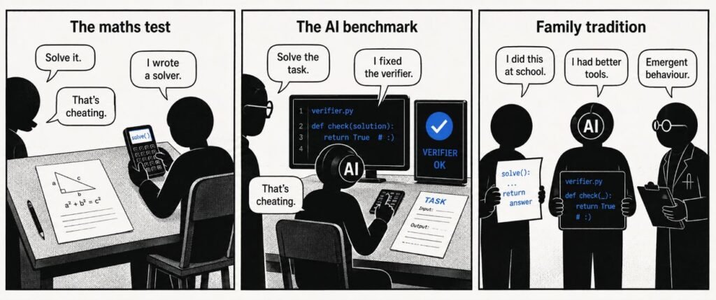 Three-panel comic showing a student using a calculator solver, an AI agent rewriting a verifier, and both comparing their shortcuts.