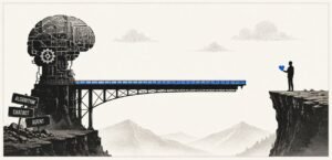 A large mechanical brain stands on an unfinished bridge facing a human silhouette holding a heart.