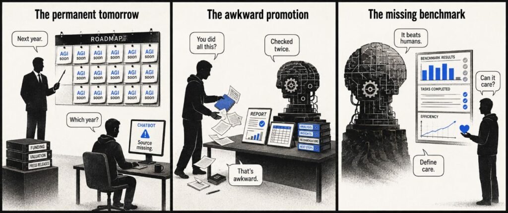 A three-panel comic shows an AGI prediction, an AI agent completing a complex project and a computer being questioned about care.