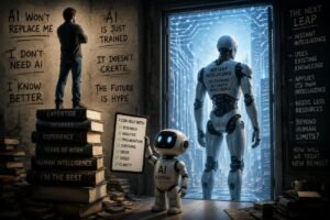 A person stands on a stack of books above a small robot holding a checklist, with a larger humanoid robot visible in a doorway.