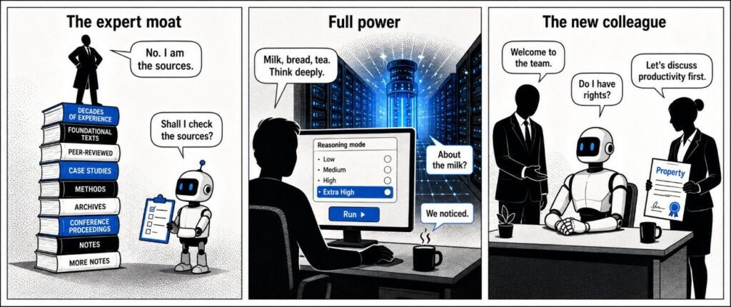 A three-panel comic shows an expert rejecting an AI source check, a user selecting Extra High reasoning for a shopping list, and a humanoid robot asking about rights at work.
