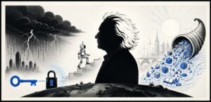 A scientist silhouette stands between a storm cloud and an overflowing cornucopia while a robot climbs stairs beside a key and lock.