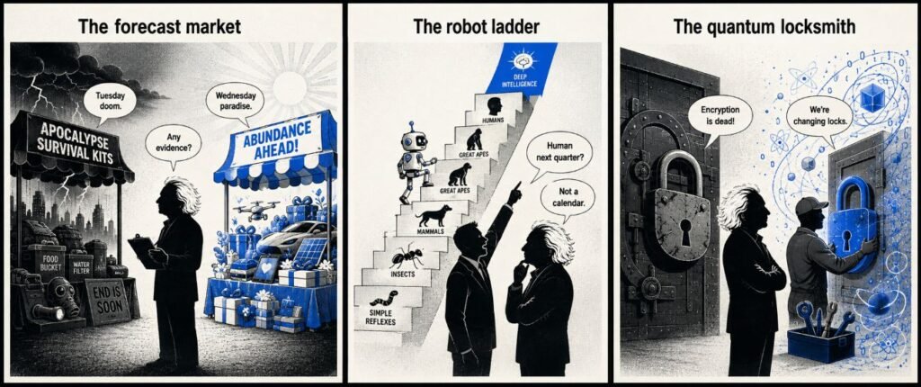 A three-panel comic shows competing AI forecasts, a robot climbing an intelligence ladder, and a technician replacing an encryption lock.