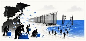 A broken border fence ends at the sea as many human silhouettes move around it. On the shore, political figures gather ballot papers beside a torn map.