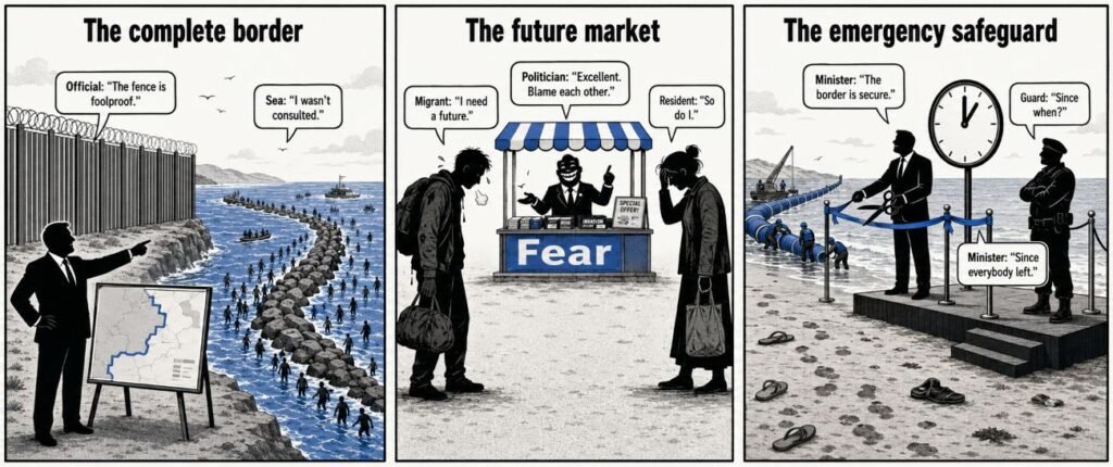 A three-panel comic shows a fence ending at the sea, a migrant and resident divided by a politician, and a barrier installed after the crossing.