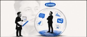 A silhouette of Elon Musk stands inside a glass sphere filled with prediction bubbles while a journalist holds documents outside.