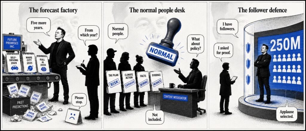A three-panel comic shows a prediction factory, a normalisation stamp and a wall of followers blocking a journalist's evidence.