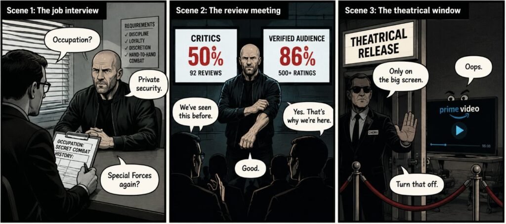 A three-panel comic shows an action hero at a job interview, critic and audience scores, and a cinema release interrupted by streaming.
