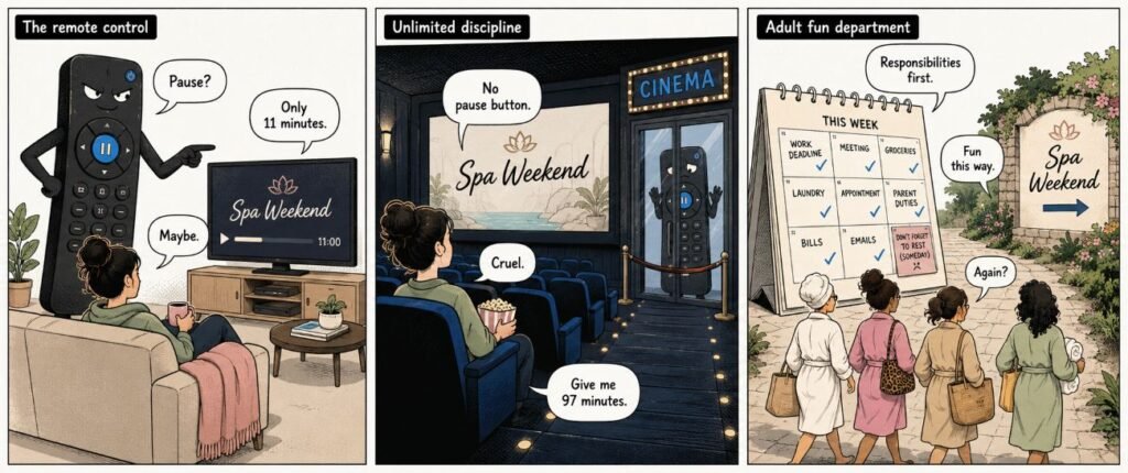 A three-panel comic shows streaming interruption, an uninterrupted cinema screening and four friends escaping a calendar of responsibilities.
