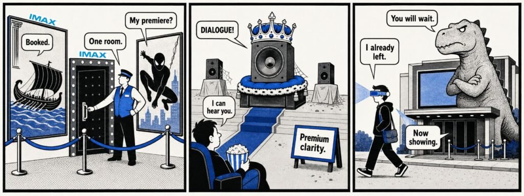A 3-panel comic shows two films competing for one premium screen, a centre speaker shouting dialogue and a customer leaving with futuristic glasses.