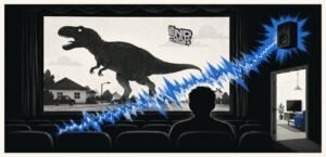 A cinema viewer faces a large dinosaur on screen while a jagged sound wave crosses the auditorium and a television is visible behind them.