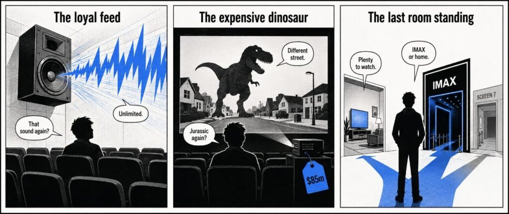 A three-panel comic shows an irritating cinema speaker, a dinosaur on screen and a viewer choosing between IMAX and home streaming.
