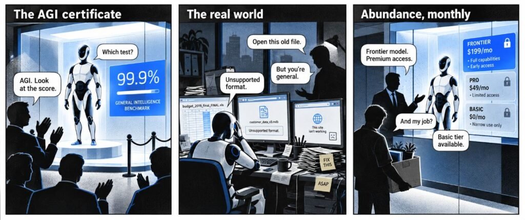 Three panels show an AI passing a benchmark, struggling with an old file and being placed behind paid access tiers.