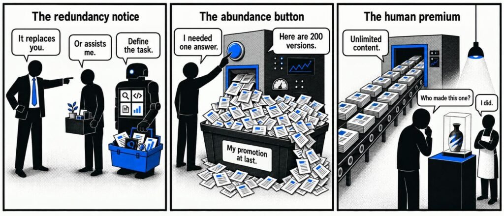 A three-panel comic shows AI presented as a worker replacement, an abundance machine producing excessive output, and a human-made object valued separately.