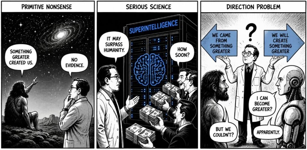 A three-panel comic contrasts an ancient human proposing a greater intelligence with scientists and investors building artificial superintelligence.