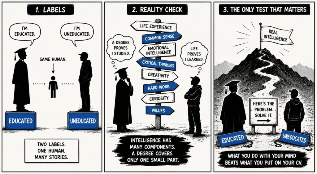 A three-panel comic shows a graduate and worker confronting before both are tested without their educational labels.