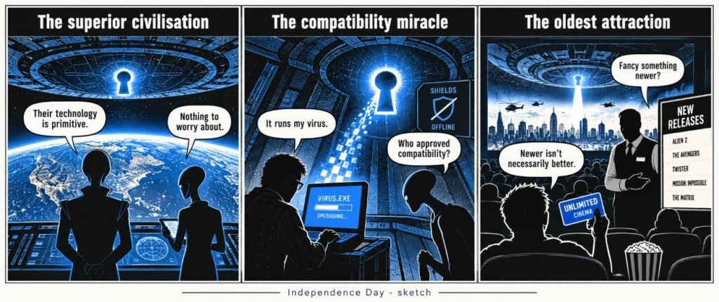 Three panels show aliens above Earth, a human using a laptop inside an alien craft, and a viewer watching the spacecraft on a cinema screen.