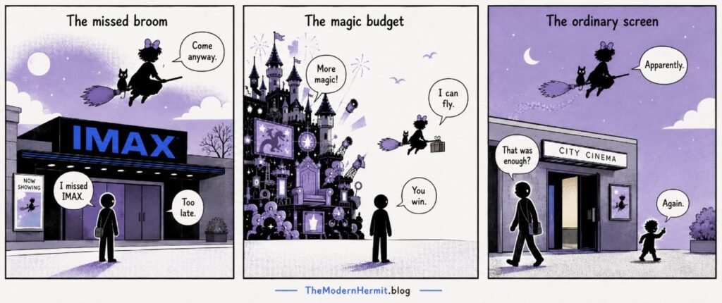 A 3-panel comic shows a missed IMAX screening, a broom facing a giant fantasy spectacle and a viewer leaving a standard cinema.