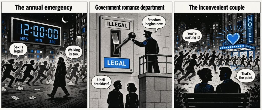 A three-panel comic shows crowds racing beneath a countdown, a government legal-sex switch, and a couple sitting together while others rush past.