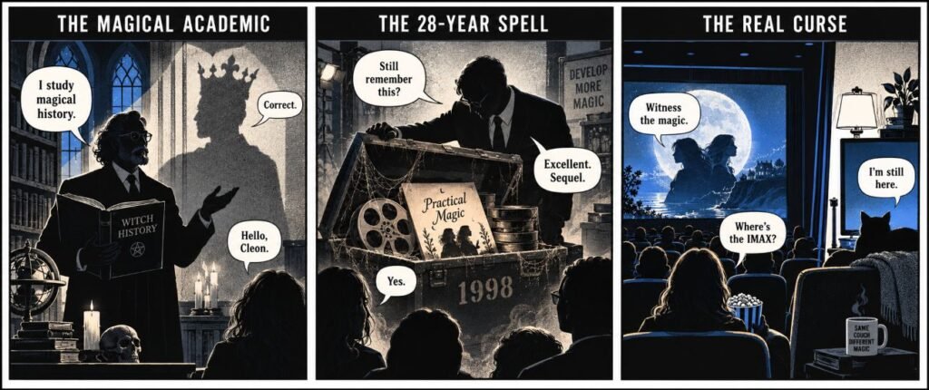 Three panels show a magical professor with an imperial shadow, a studio reopening an old film vault, and a cinema competing with a home television.
