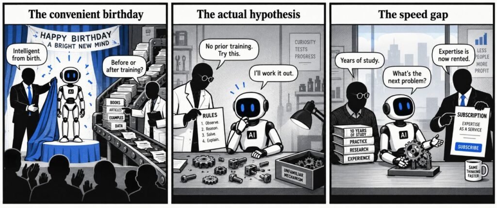 Three panels show an executive presenting a trained machine, a newly activated machine examining a gear puzzle, and the completed mechanism beside an expert and a subscription contract.