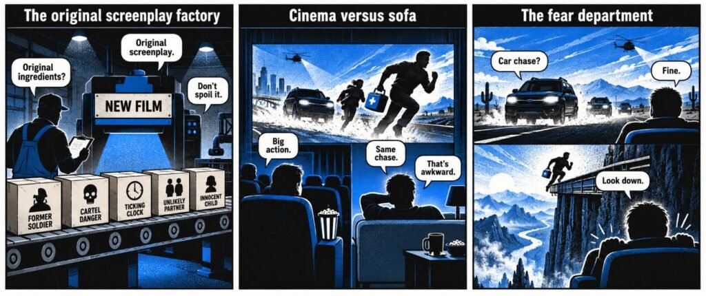 A three-panel comic shows familiar action ingredients, cinema competing with a sofa and a viewer reacting to extreme height.