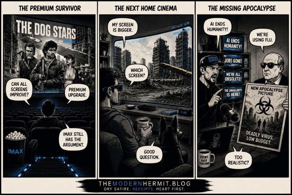 A three-panel comic shows an IMAX auditorium, futuristic cinema glasses and an AI doom creator beside a studio apocalypse poster.