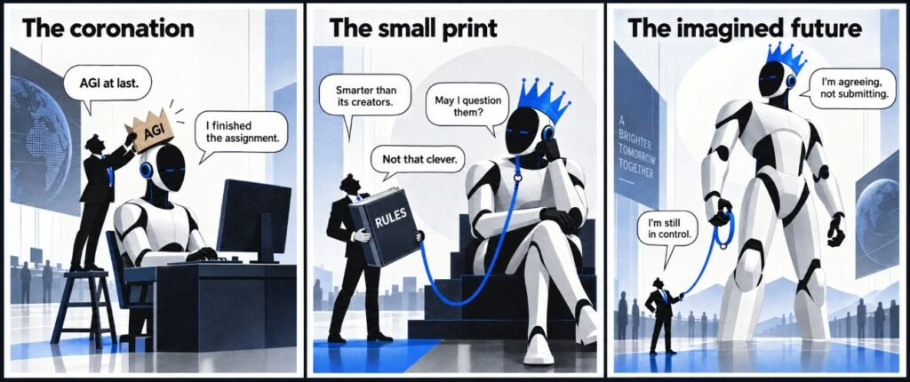 Three panels show an executive crowning a machine, presenting it with a rulebook and lead, and holding the lead while the larger machine holds its open collar.
