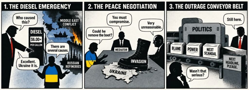 A three-panel comic shows blame over diesel prices, an unequal Ukraine peace negotiation and a political outrage conveyor belt.