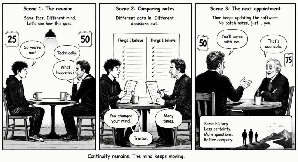 A three-panel comic shows versions of one person aged 25, 50 and 75 meeting and discovering that their beliefs have changed.