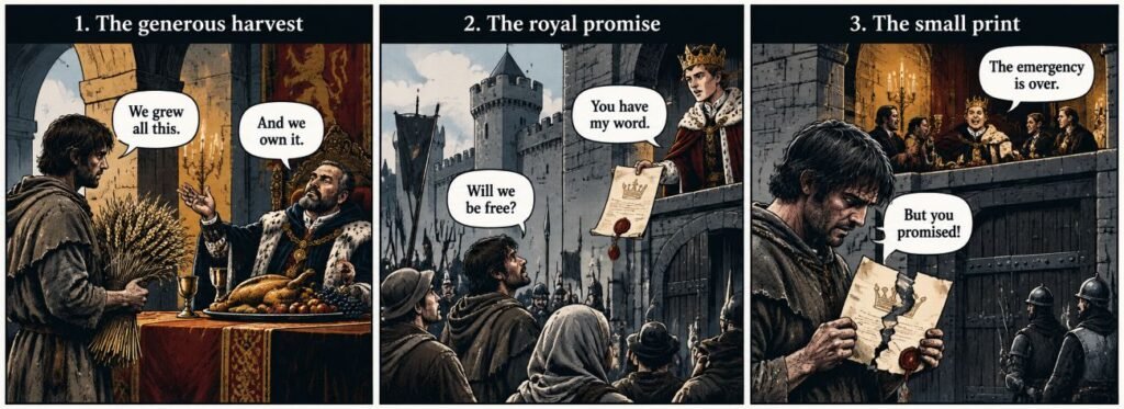 Editorial sketch for "The Uprising (2026): The Crown Eats While Peasants Starve".