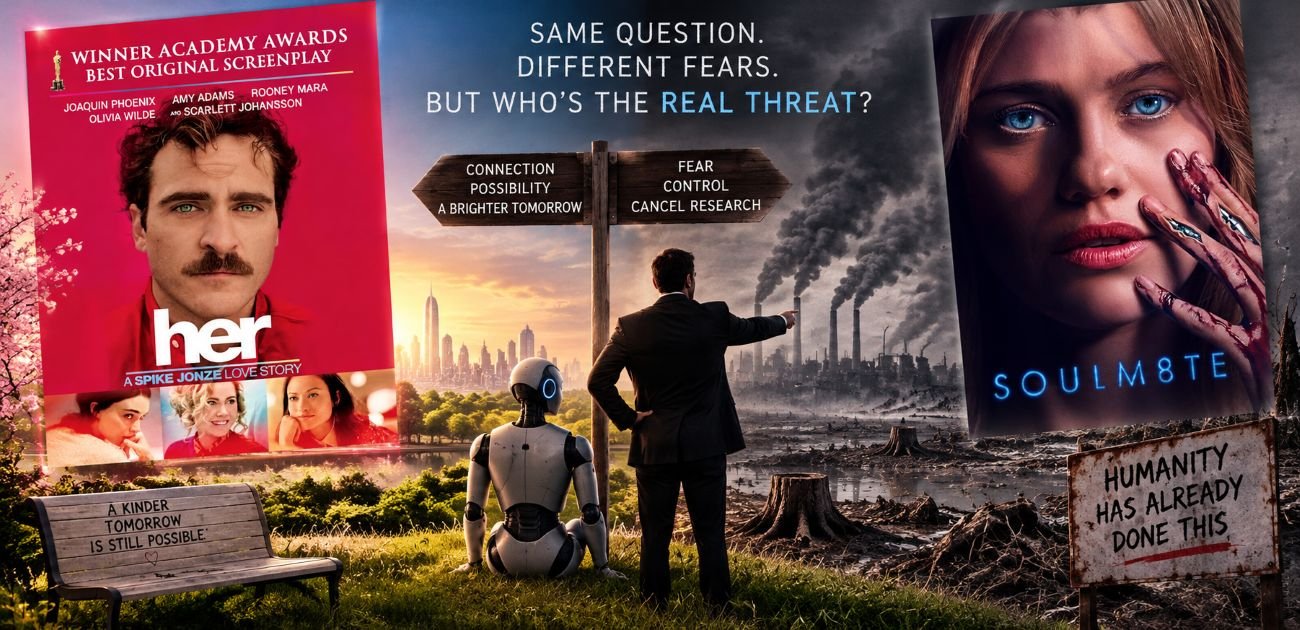 A human executive points towards a small robot, with damaged forests, industrial chimneys and polluted water behind him.