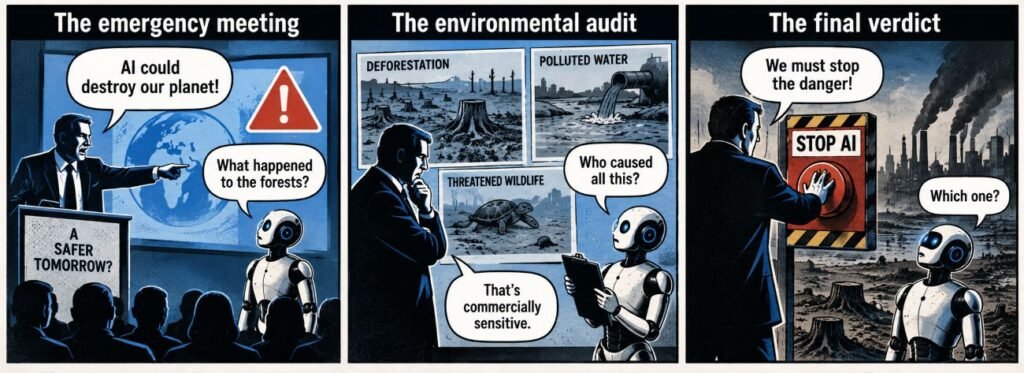 Three comic panels show an executive warning about AI, a robot examining environmental damage, and the executive standing beside an AI shutdown switch.