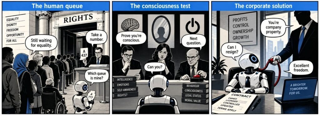 Editorial sketch for "AI Personhood: Human Rights Still Waiting in the Queue".