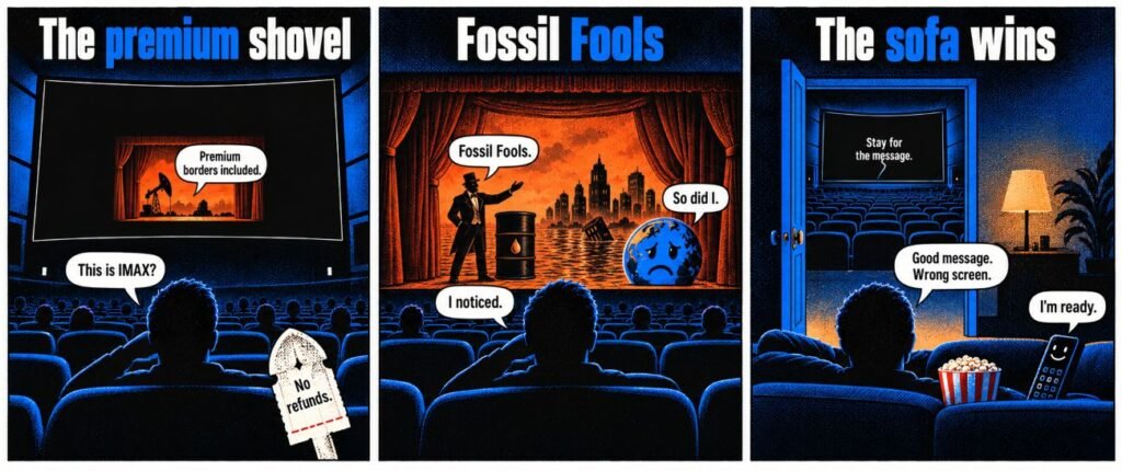 Editorial sketch for "Digger: Big Stars, Fossil Fools and the Wrong IMAX Screen".