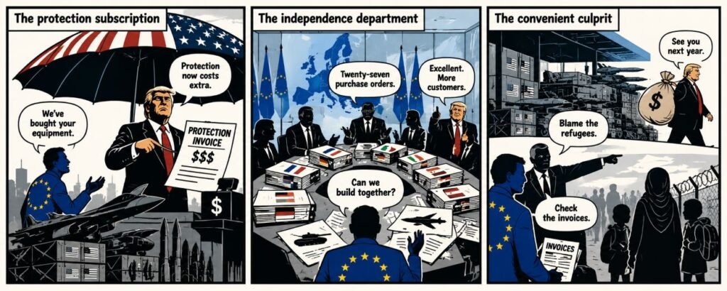 Editorial sketch for "Europe Paid for Protection. Trump Sent Another Invoice.".